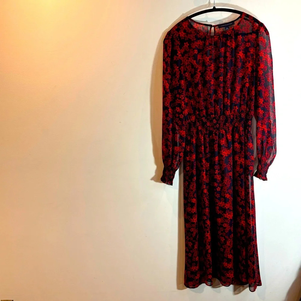 TOMMY HILFIGER Sz L Sheer Shell Puffy Sleeves Elastic Waist Midi Dress Shell